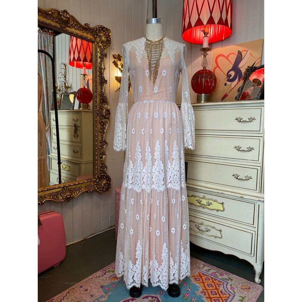 Vintage 1970 victor costa lace maxi dress nude illusion boho wedding bell sleeve